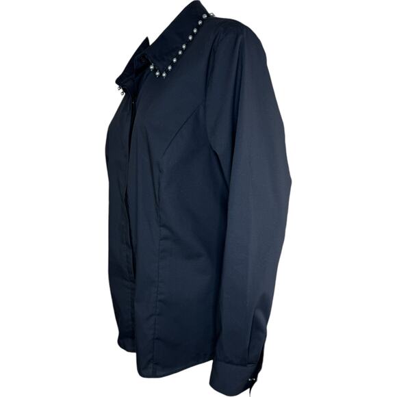 BEAUTIFUL by Lawrence Zarian Hidden Placket Poplin Shirt W/ Pearl Detail Black L - Picture 13 of 14